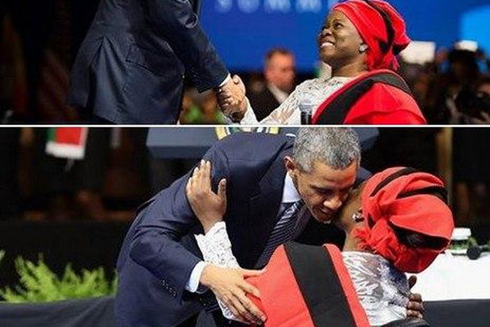 US President, Barack Obama, on Monday, August 3, 2015, embraces Nigerian disability-rights activist, Grace Alache Jerry during a meeting in Washington DC.