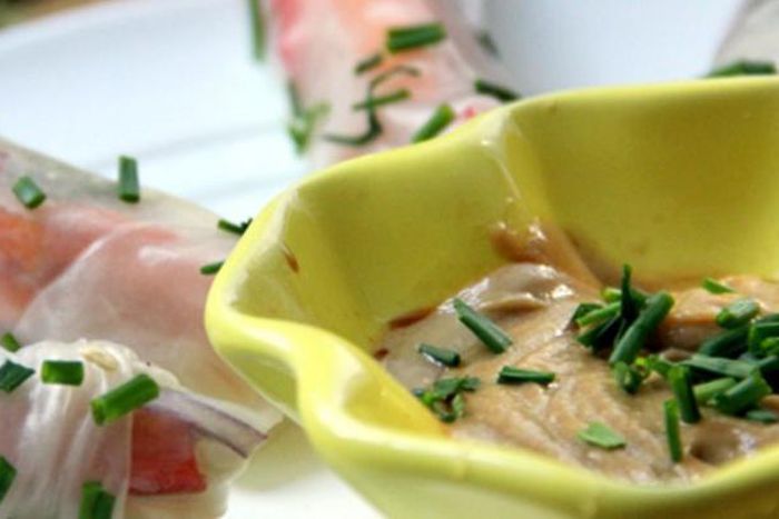 Vegetable spring rolls with sweet tahini-soy sauce