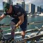 Former British Royal Marine, Lee Spencer, known as 'The Rowing Marine', puts his prosthetic leg on his limb before setting off from Gibraltar to begin his solo rowing journey across the Atlantic to South-America