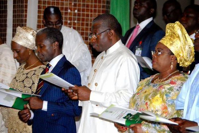 President Goodluck Jonathan, Vice President-elect, Yemi Osinbajo and their wives attend Inauguration service in Abuja on May 24, 2015.