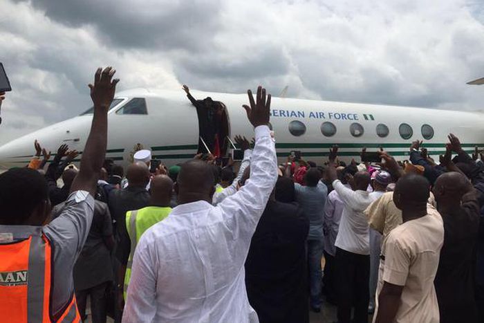 Goodluck Jonathan and wife, Patience arrive in Port Harcourt on May 29, 2015.