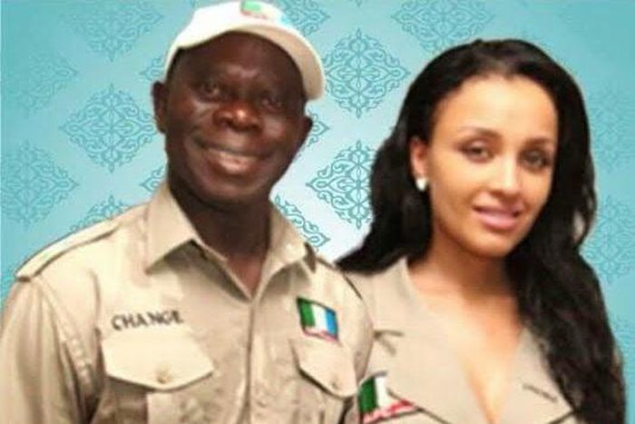 Edo State Governor, Adams Oshiomhole and wife-to-be Lara Fortes.
