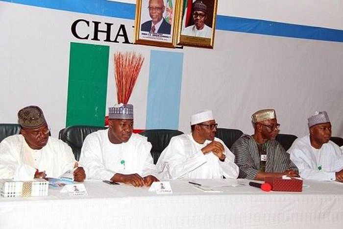 R-L: Bukola Saraki, John Oyegun, Buhari, Dogara and Segun Oni