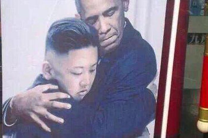 A Chinese tea ad Photoshopped Obama and Kim Jong Un in a loving hug