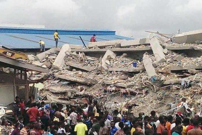 Rubble of the collapsed building at Synagogue Church Of All Nations in Lagos on Saturday