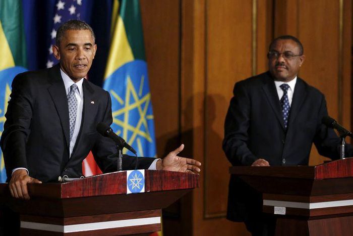 U.S. President Barack Obama (L) comments on recent statements by Republicans as he and Ethiopia's Prime Minister Hailemariam Desalegn (R) hold a news conference after their meeting at the National Palace in Addis Ababa, Ethiopia July 27, 2015.    REUTE...