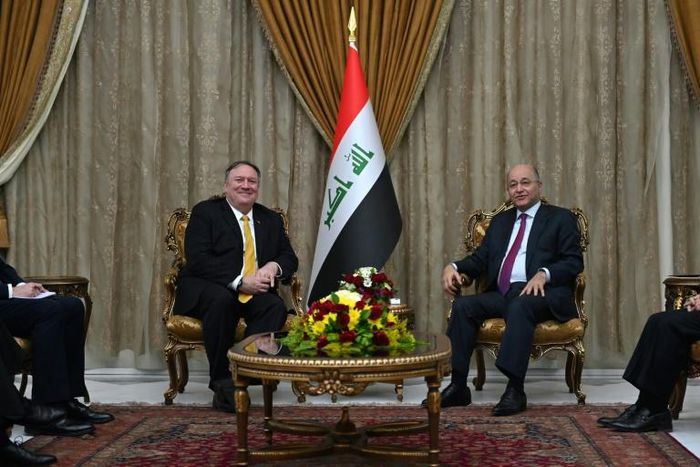 US Secretary of State Mike Pompeo (L) meets Iraqi President Barham Saleh on an unannounced visit to Baghdad, the latest stop on a whistlestop Middle East tour aimed at reassuring allies troubled by US plans to withdraw from Syria