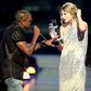 Taylor Swift and Kanye West on stage of the MTV VMAs, where their beef was born, after Kanye interrupted Swift's speech
