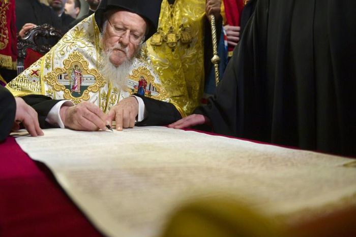The "Tomos" decree declaring the independence of the Ukrainian Orthodox Church was signed by Bartholomew, the Ecumenical Patriarch of Constantinople at St George's Cathedral in Istanbul