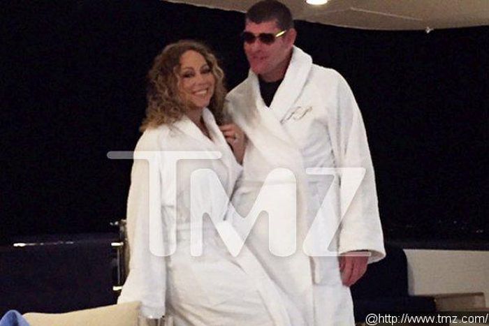 Mariah Carey and James Packer wearing matching white robe in Itlay