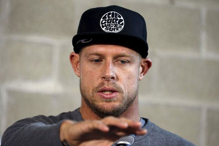Mick Fanning of Australia speaks during a news conference in Sydney, Australia July 21, 2015, after he was attacked by a shark during the finals of the J-Bay Open on Sunday in Jeffrey's Bay, South Africa. REUTERS/David Gray