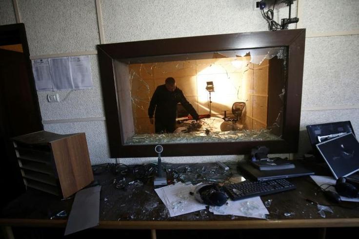 A damaged studio at the offices of the Palestinian Broadcasting Corporation in Gaza City after a raid on January 4, 2019