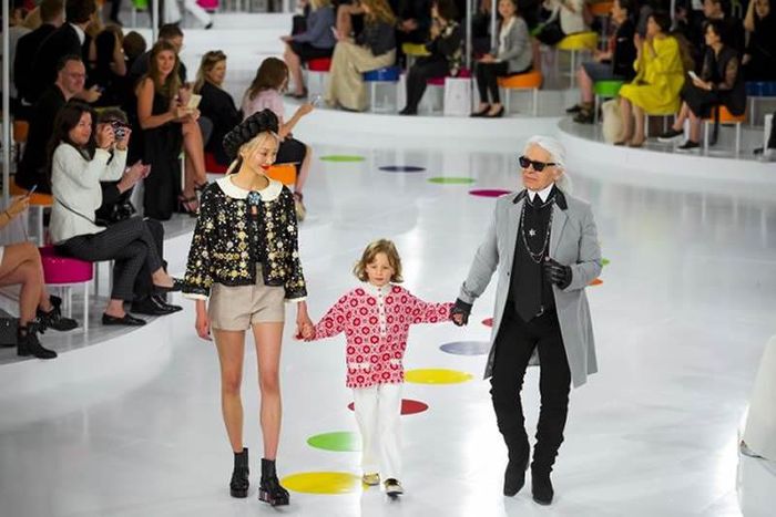 Chanel Creative Director; Karl Lagerfeld takes a bow at the Chanel Cruise 2015/2016