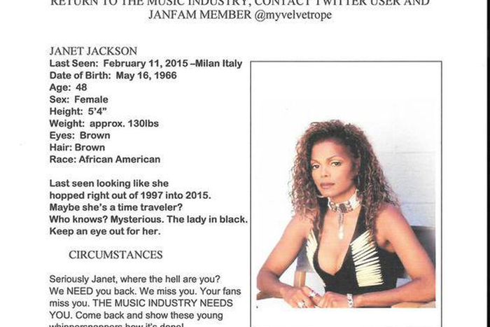 Flyer declares Janet Jackson missing
