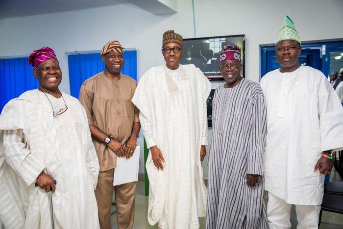 L-R Chief Bisi Akande, Dele Alake, President-elect General Muhammadu Buhari, National leader of APC Asiwaju Bola Tinubu and Governor Ibikunle Amosun during a courtesy visit in Abuja on Tuesday, 21 April 2015.