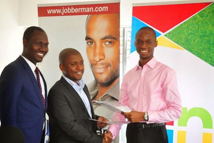 The Citizenship Manager, Microsoft Nigeria, Mr. Olusola Amusan, Managing Director, Microsoft Nigeria, Mr. Kabelo Makwane and Chief Executive Officer, Jobberman  Mr. Ayodeji Adewunmi; during the signing of MoU between Microsoft and Jobberman in Lagos.
