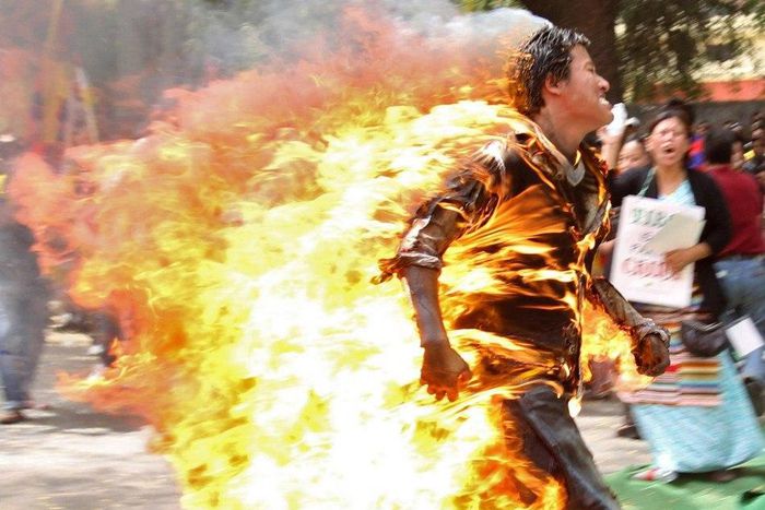 In 2012, a Tibetan exile ran by speakers at rally in New Delhi after self-immolating in protest over upcoming visit by Chinese President Hu Jintao (illustrative purposes only)