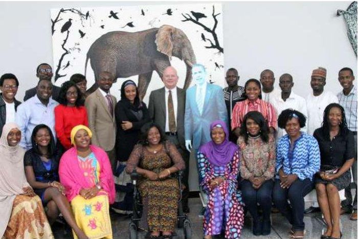 Ambassador James Entwistle takes a group photo with the 2015 Mandela Washington Fellows from Nigeria.
