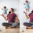 Dad plays with new born baby in candid photos