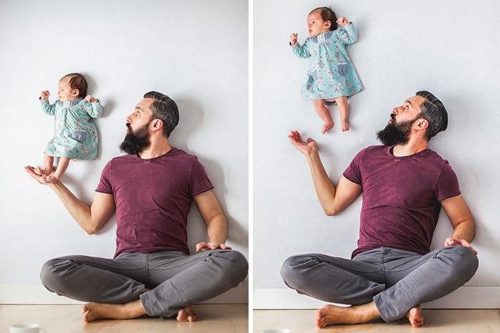 Dad plays with new born baby in candid photos
