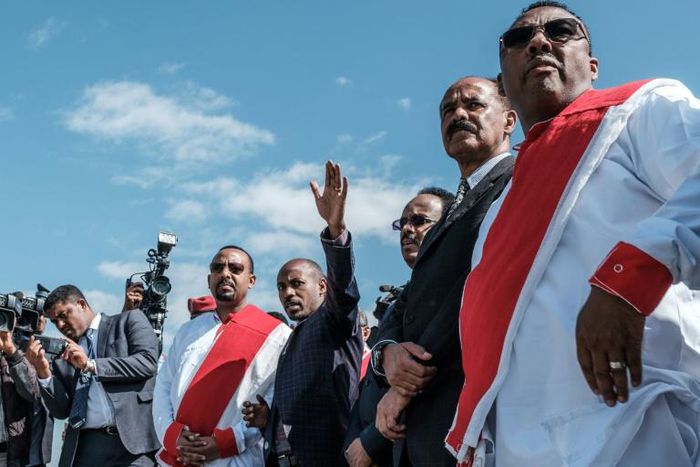 Eritrea's President Isaias Afwerki (2R), Ethiopia's Prime Minister Abiy Ahmed (5R) have been engaged in a process of reconciliation