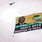 A helicopter displaying a picture of South African president Cyril Ramaphosa on Sunday urged people to register to vote in upcoming elections