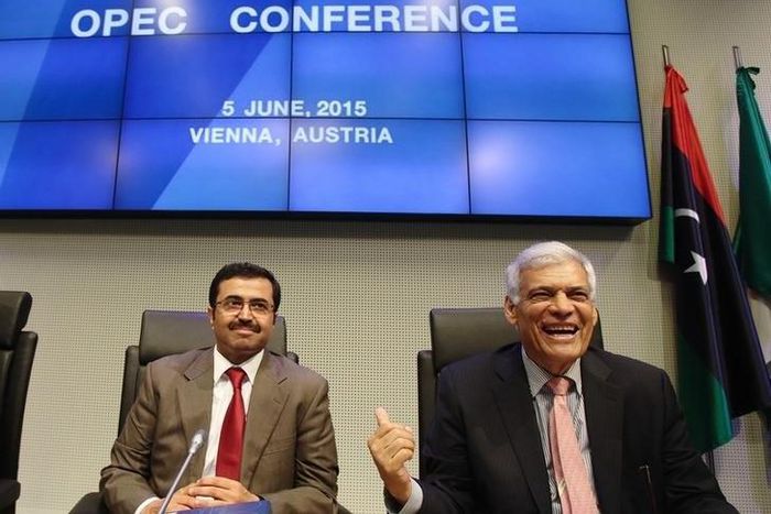 OPEC President Qatar's Minister of Energy and Industry Mohammed Saleh al-Sada (L) and OPEC secretary general Abdullah al-Badri talk to journalists before a meeting of OPEC oil ministers in Vienna, Austria, June 5, 2015. REUTERS/Heinz-Peter Bader