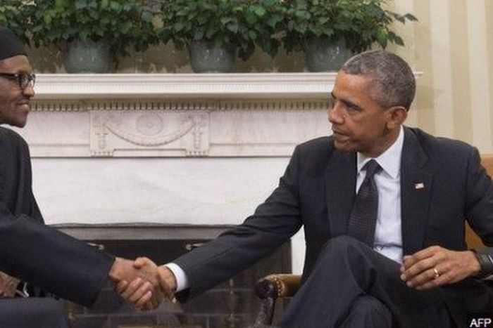 U.S. President Barack Obama meets with Nigerian President Muhammadu Buhari (L) in the Oval Office of the White House in Washington July 20, 2015.