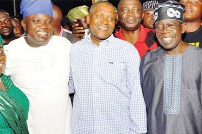 Billionaire Aliko Dangote with Lagos State Governor-elect, Akinwunmi Ambode and APC National Leader, Bola Tinubu