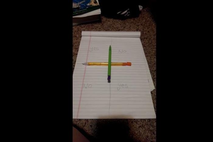 The set up of the pencils and the sheet of paper in the #CharlieCharlie pencil game.