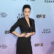 Katy Perry in a tuxedo dress from Baleciaga Pre-Fall 2015 collection over lace-up boots from Giambattista Valli’s fall 2015 collection.