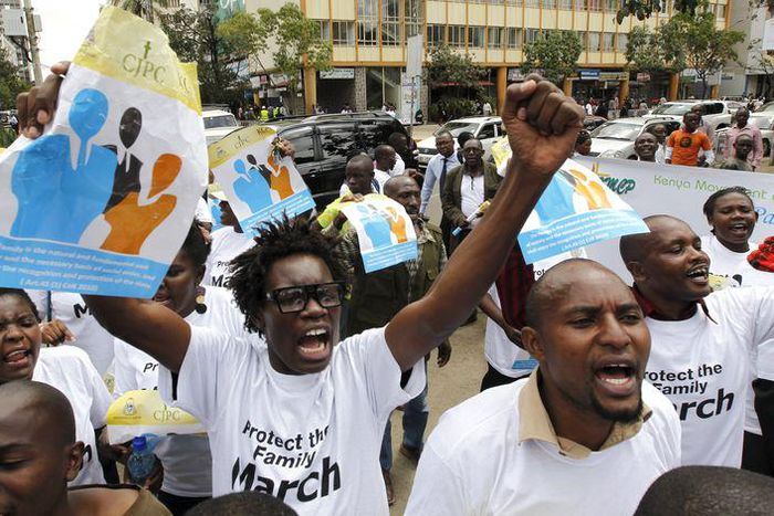Members of the anti-gay caucus chant slogans against the lesbian, gay, bisexual, and transgender (LGBT) community as they march along the streets in Kenya's capital Nairobi July 6, 2015. REUTERS/Thomas Mukoya
