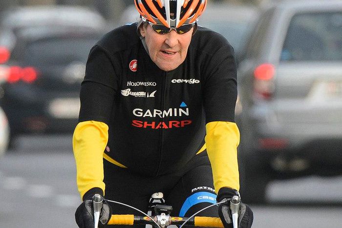 U.S. Secretary of State John Kerry, rides a bike after holding meetings with Iranian Foreign Minister Mohammad Javad Zarif over Iran's nuclear program, in Lausanne, Switzerland, Monday, March 16, 2015.