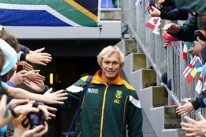 South African Springbok rugby player Schalk Burger greets fans at a practice session in Taupo, in a file photo. REUTERS/Mike Hutchings