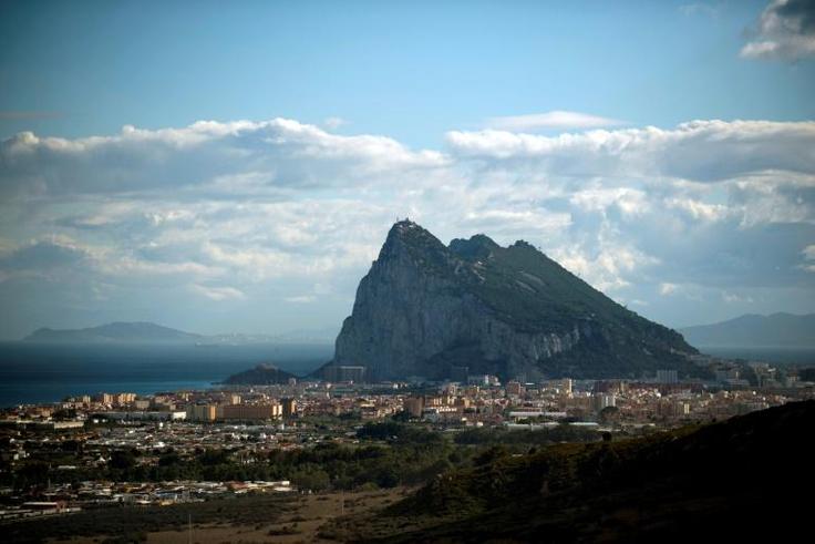 The rocky outcrop of Gibraltar Rock seen from La Linea de la Concepcion near the southern Spanish city of Cadiz