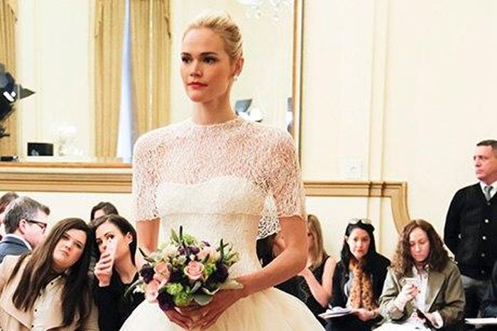 Corinne ball gown in silk organza with bodice and cape of lace by Peter Langner.