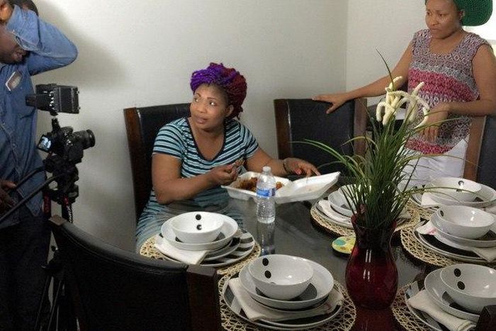 Laide Bakare and Doris Simeon on the set of Hally the Drummer