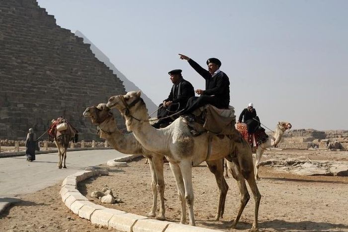 A police officer sitting on a camel talks to workers at the Giza pyramids, south of Cairo, February 20, 2014. REUTERS/Asmaa Waguih