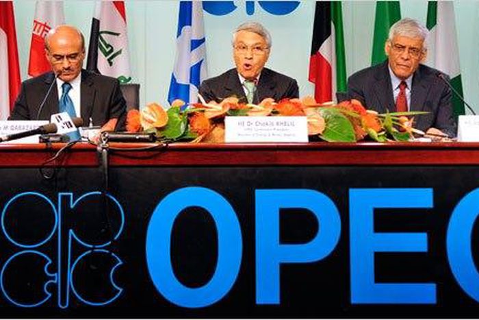 The president of OPEC, Chakib Khelil (center) the president of OPEC a meeting in 2008.