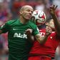 Bayern Munich's Thiago (R) heads the ball with Augsburg's Tobias Werner during their German Bundesliga first division soccer match in Munich, Germany, May 9, 2015. REUTERS/Michaela Rehle