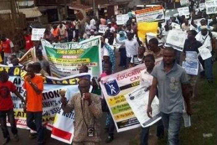 Striking workers at a protest