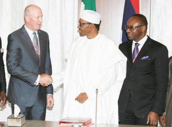 President Muhammadu Buhari meets with newly-appointed Group Managing Director (GMD) of the Nigerian National Petroleum Corporation (NNPC), Ibe Kachikwu and Chairman/Managing Director of Exxonmobil Nigeria, Nolan O’Neal in Abuja on August 4, 2015.
