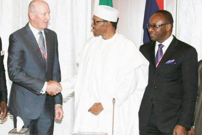 President Muhammadu Buhari meets with newly-appointed Group Managing Director (GMD) of the Nigerian National Petroleum Corporation (NNPC), Ibe Kachikwu and Chairman/Managing Director of Exxonmobil Nigeria, Nolan O’Neal in Abuja on August 4, 2015.