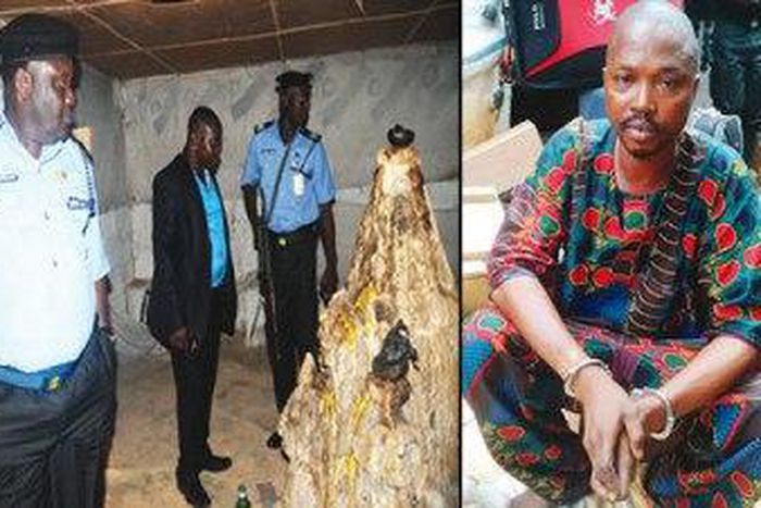 Oyo State Commissioner of Police, Mohammed Katsina (right), officers of the state command and a suspect at a fake currency factory discovered near Ibadan.