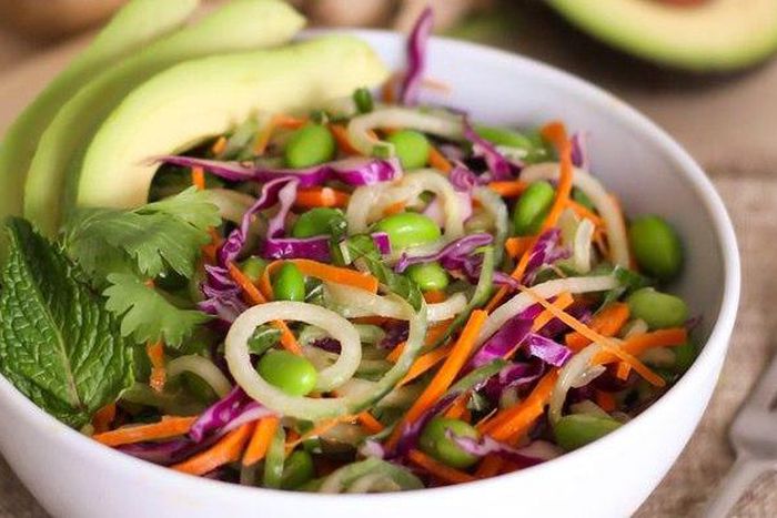 Edamame and cucumber noodle salad with creamy ginger dressing