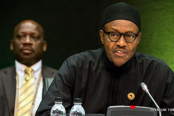 President Buhari giving a speech.