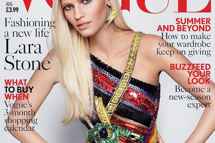 Lara Stone wears Versace for Vogue UK August 2015