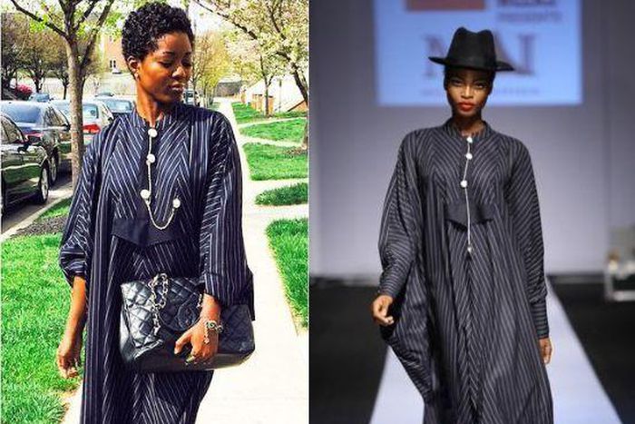 Tonye rocking Mai Atafo's desing, a pinstriped shirt-dress