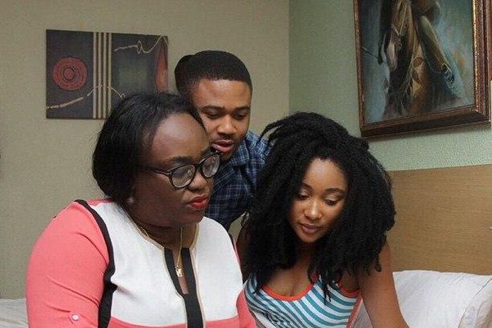 Emem Isong, Mbong Amata, Mike Godson on set of TV series