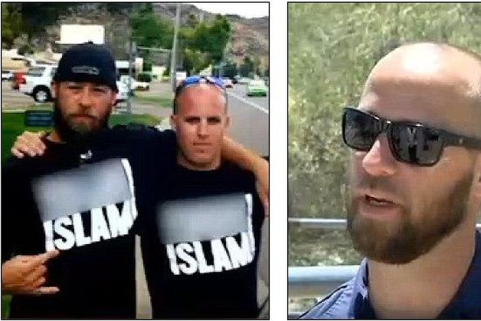 Jason Leger (pictured left with event organizer and right) from Phoenix, Arizona, who wore a t-shirt with 'F*** Islam' written across the front, now says the religion is a 'beautiful thing'.